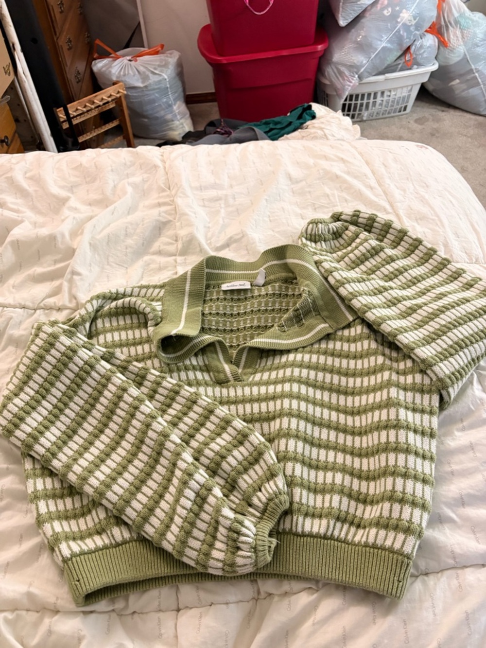 Willow + Root Olive Green and White Knit Top